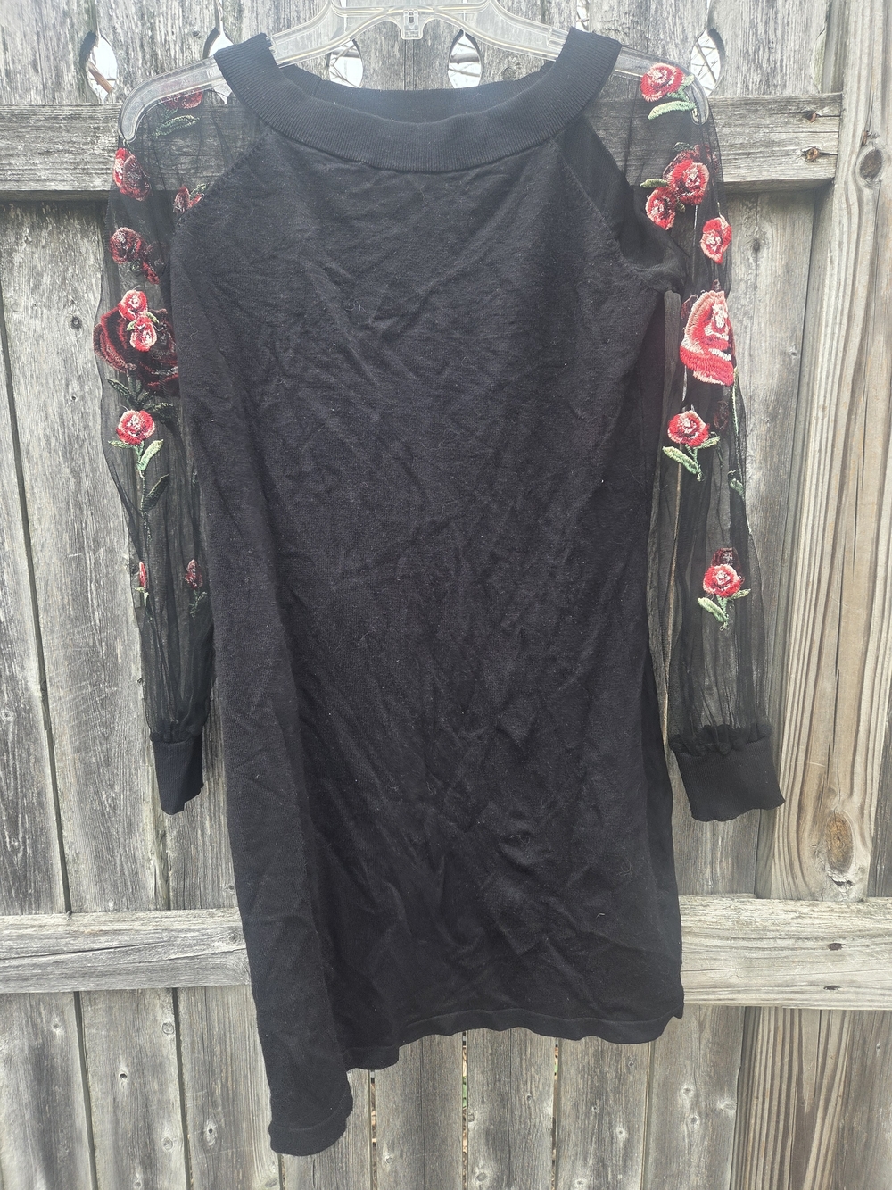 INC International Concepts Black Dress with Red Floral Embroidered Sheer Sleeves
